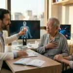 Consultorio medico com familia sendo orientada