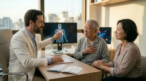 Consultorio medico com familia sendo orientada